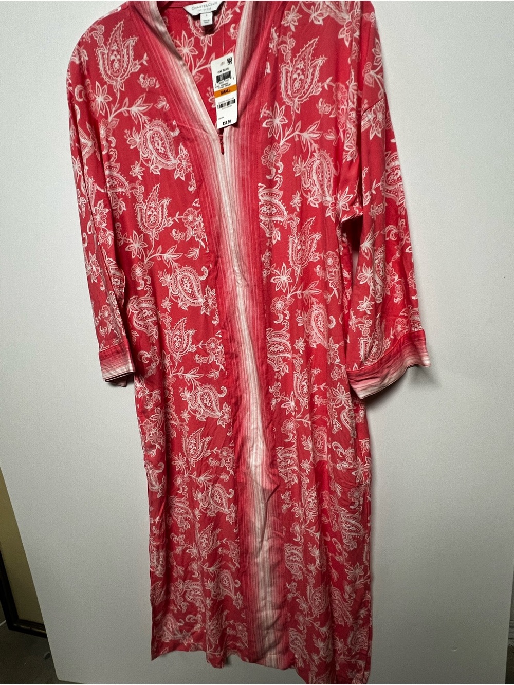CHARTER CLUB CAFTAN/LONG ZIP UP FRONT DUSTER CORAL SIZE SMALL ETHNIC PAISLEY
NWT